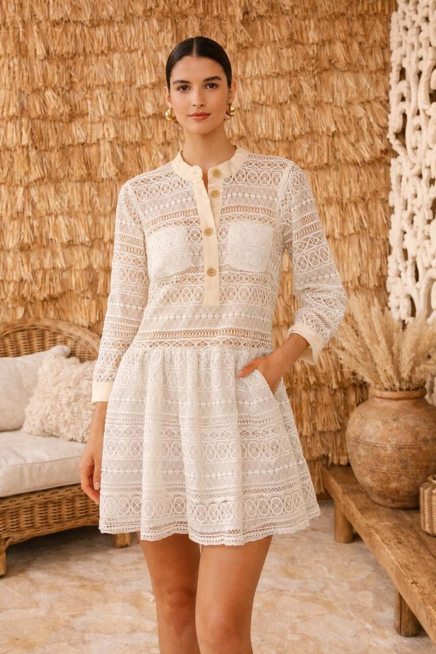RED Valentino White Lace Button Front Long Sleeve Midi Dress Womens Size 42